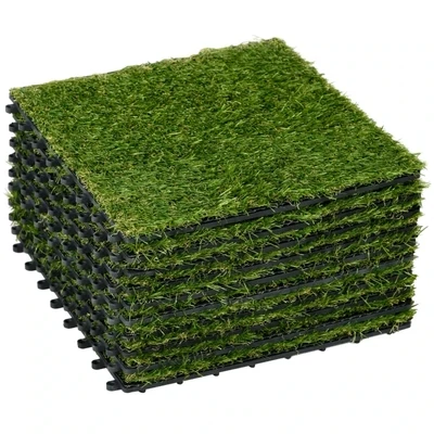 10-er Set je 30x30cm Kunstrasen, naturgetreu, Drainagefunktion, 6,5 K Fasern/m², 25mm Höhe, Grün