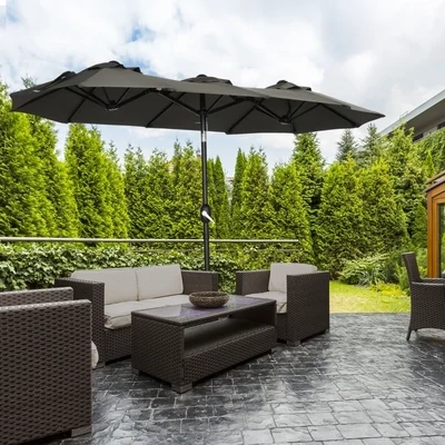 Sonnenschirm, Gartenschirm, neigbar, mit Handkurbel, Winddach, Polyester+Stahl, grau, 285 x 147 cm