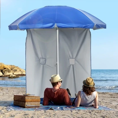 Strandschirm, Sonnenschirm mit Sichtschutz, neigbar, 2 Taschen und 2 Fenster, inklusive Tragetasche, Ø191 x 211 cm, Blau+Weiss