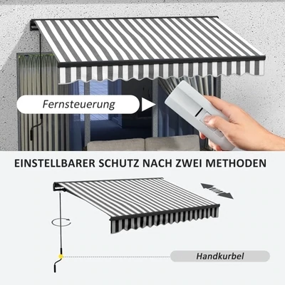 Sonnenmarkise Markise elektrisch mit Fernbedienung, wetterbeständig, 1 Handkurbel, 295 x 250 x 150 cm, Grau + Weiss