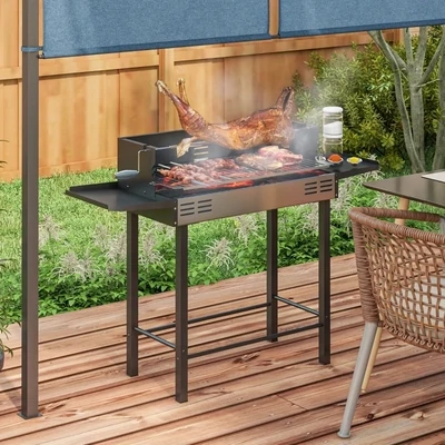 Holzkohlegrill Grill BBQ-Grill, verstellbares Rost, 1 Drehspiess, 118 x 32 x 90 cm, Schwarz + Silber