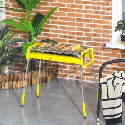 Kohlegrill, Klappgrill, 2 x Grillrost, Grillplatte, herausnehmbare Schale, rostfreier Stahl, 85 x 43 x 72 cm, Gelb