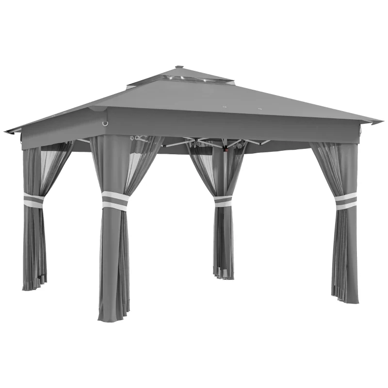 Gartenzelt mit solarbetriebenen LED Beleuchtung, 336 cm x 336 cmx 270 cm, Grau
