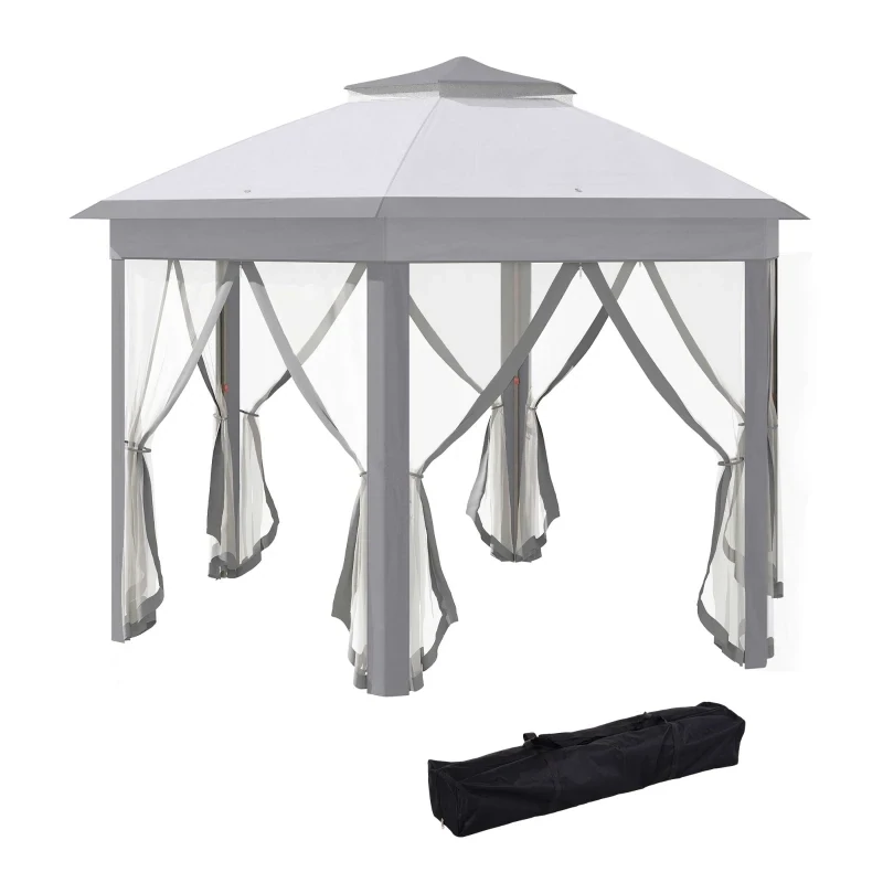 Faltpavillon 4 x 4m, Sechseck-Design, Netzvorhänge, wasserabweisend, Lüftungsdach, Grau+Weiss