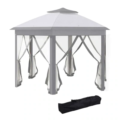 Faltpavillon 4 x 4m, Sechseck-Design, Netzvorhänge, wasserabweisend, Lüftungsdach, Grau+Weiss