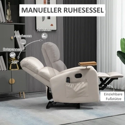 Massagesessel Relaxsessel Liegesessel, 1 Klapptisch, 1 Fussstütze; 77 cm x 93 cm x 105 cm, Beige