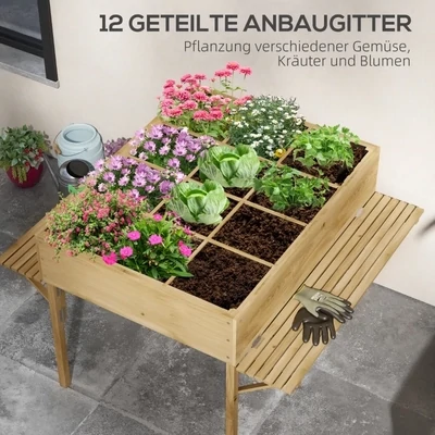 Hochbeet mit 12 Fächern, klappbare Seitenregale, wetterfest, Tannenholz, 122 x 91,5 x 89 cm