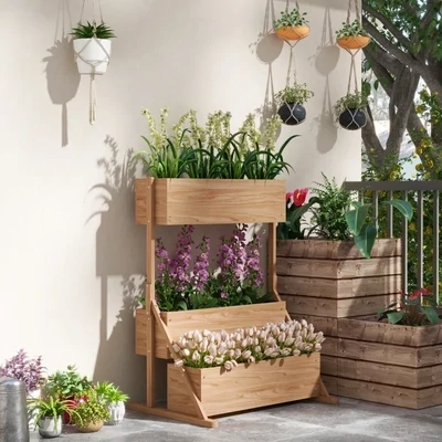 Hochbeet, 3 Blumenkästen, wetterfest, Drainagelöcher, Innenfutter, Naturholzrahmen, 108 x 80 x 140 cm