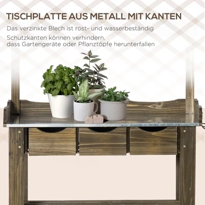 Pflanztisch Gärtnertisch aus Holz mit 3 Schubladen Haken verzinkte Metall Arbeitsfläche für Garten Terrasse 78 x 38 x 112 cm