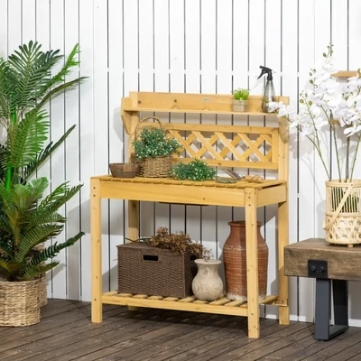 Garten-Arbeitstisch, integriertes Edelstahl-Spülbecken, 2 Ablagen, braun,