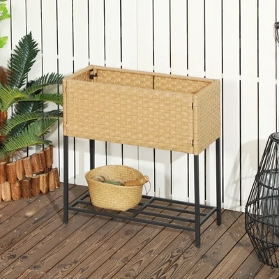 Hochbeet Pfanzkasten Gartenbeet mit Ablage, PE-Rattan,  Braun