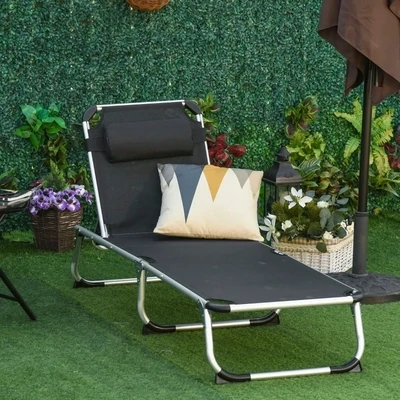 Sonnenliege faltbar, Gartenliege mit Kopfkissen, 4-stufig verstellbar, 120 kg, Schwarz