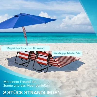 2er Set Strandliege, klappbar, verstellbare Rücklehne, Seitentasche, 142x51x40cm, Rot