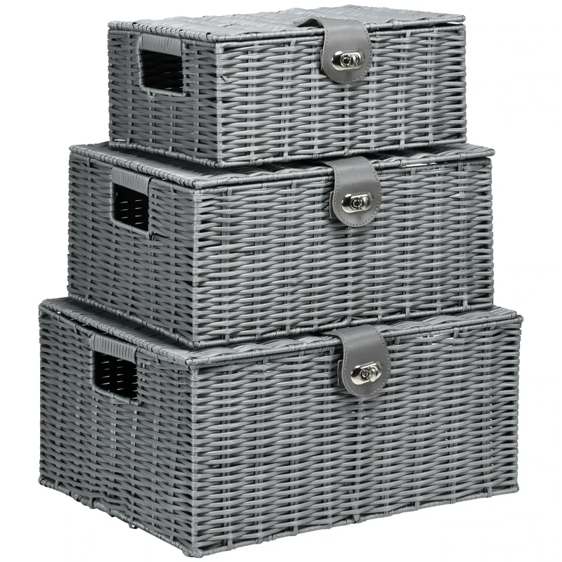 3er-Set Aufbewahrungskörbe aus PE- Rattan, mit Verschluss, Tragegriffen, 35,5 cm x 28,5 cm x 18 cm, Grau