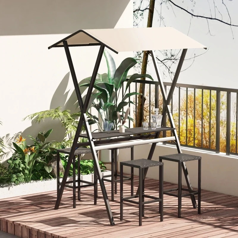 Outdoor Barmöbel-Set, Rattanoptik, 4 Barhocker & 1 hoher Bartisch, mit Dach, Metallrahmen, Schwarz/Khaki