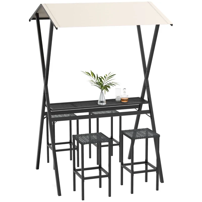 Outdoor Barmöbel-Set, Rattanoptik, 4 Barhocker &amp; 1 hoher Bartisch, mit Dach, Metallrahmen, Schwarz/Khaki