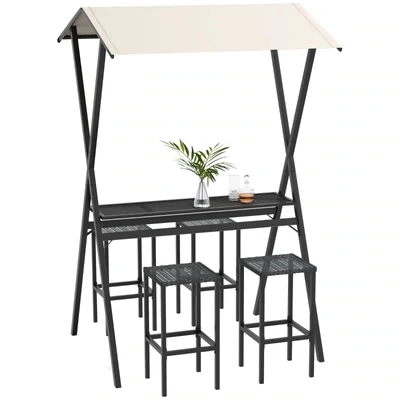 Outdoor Barmöbel-Set, Rattanoptik, 4 Barhocker &amp; 1 hoher Bartisch, mit Dach, Metallrahmen, Schwarz/Khaki