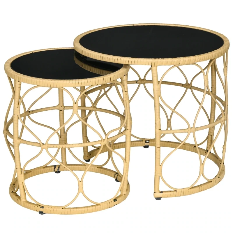 2er-Set Gartentische Outdoor-Beistelltische, Boho-Stil, Indoor. Outdoor, 55 cm x 55 cm x 51 cm, Schwarz + Natur