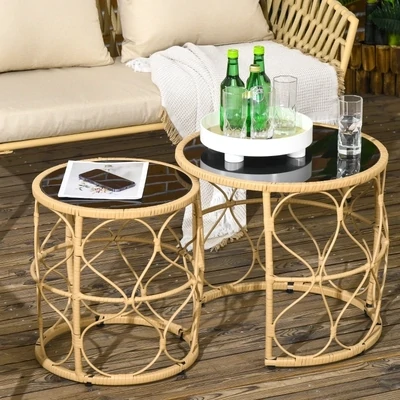2er-Set Gartentische Outdoor-Beistelltische, Boho-Stil, Indoor. Outdoor, 55 cm x 55 cm x 51 cm, Schwarz + Natur