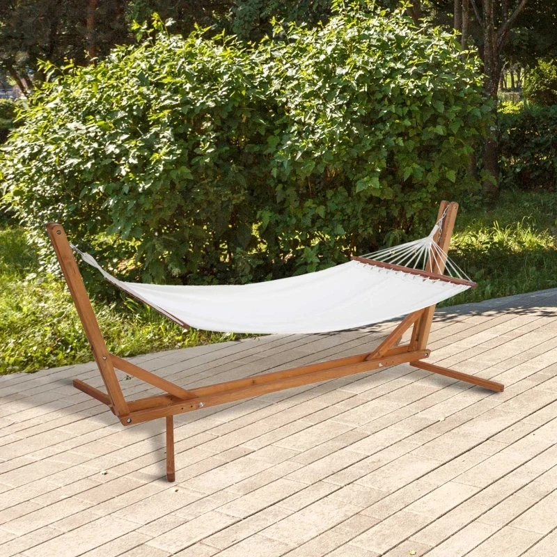 Hängematte mit Gestell, Massivholz, Cremeweiss+Teak