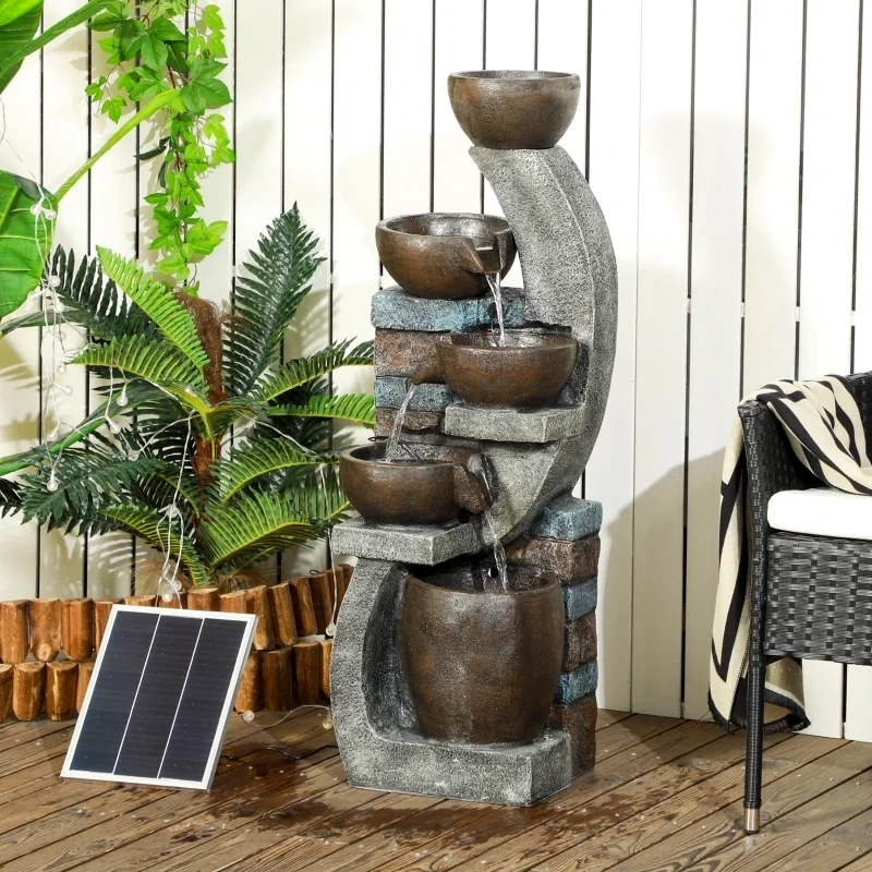 Solar-Gartenbrunnen, Backsteinoptik, 5-stufig, LEDs, 107cm, Kunstharz, Grau/Braun