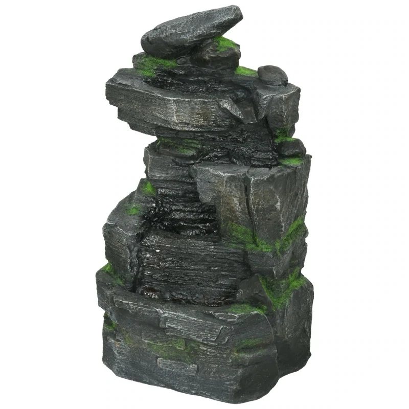 Solar-Gartenbrunnen, Steinoptik, 4-stufig, LEDs, 57cm Höhe, Kunstharz, Grau/Braun