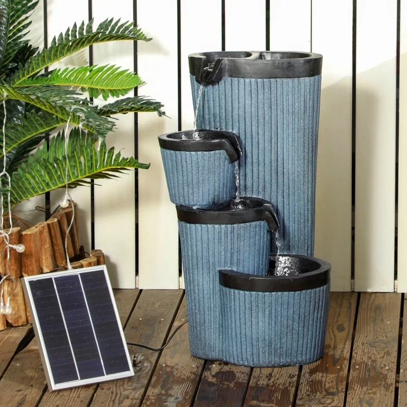 Gartenbrunnen, 4-stufig, Solarbetrieb, LEDs, 57cm, Kunstharz, Grau/Schwarz
