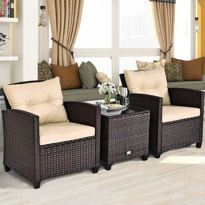 3-tlg. Gartenmöbel Set Polyrattan, Sitzgruppe inkl. Couchtisch, Stühle mit Sitzkissen