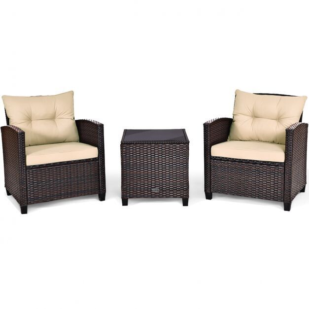 3-tlg. Gartenmöbel Set Polyrattan, Sitzgruppe inkl. Couchtisch, Stühle mit Sitzkissen