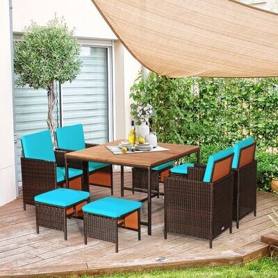 9-teiliges Möbel-Set Rattan-Set Garten Esssitzgruppe mit Kissen Braun + Türkis