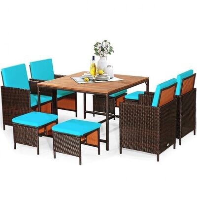 9-teiliges Möbel-Set Rattan-Set Garten Esssitzgruppe mit Kissen Braun + Türkis