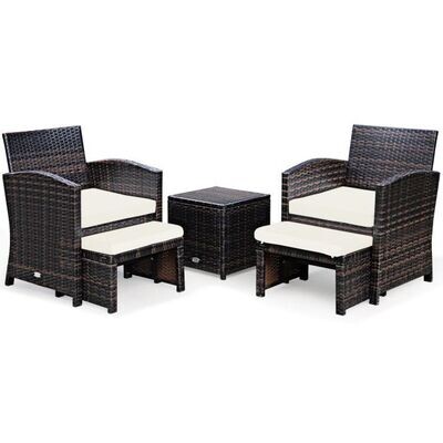 5er Set Rattan Set Möbel Balkonset Gartenmöbel Sitzgruppe Braun + Weiß
