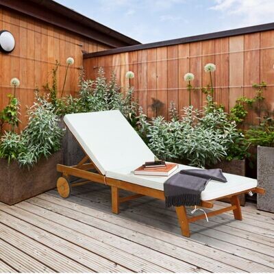 Sonnenliege Holz Gartenliege mit Rollen und Kissen Strandliege für den Garten