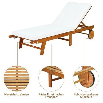Sonnenliege Holz Gartenliege mit Rollen und Kissen Strandliege für den Garten
