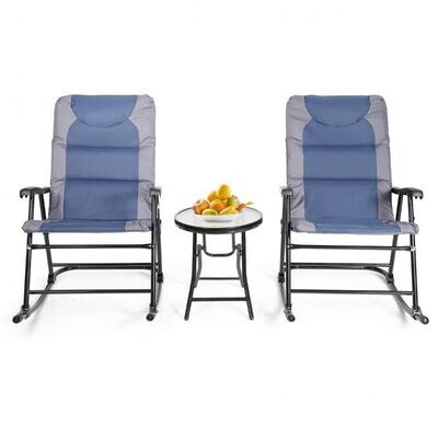 3-teiliges klappbares Bistro-Set Outdoor-Schaukelstühle mit Tisch Blau + Grau