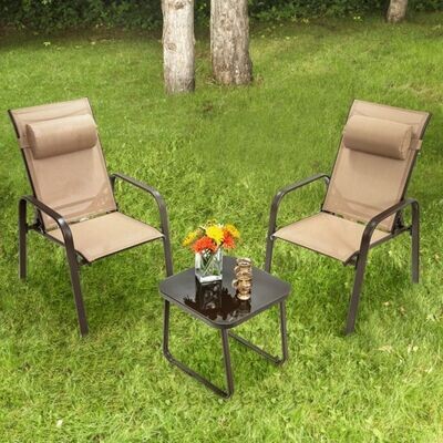 3-teiliges Terrassenmöbel-Set, Couchtisch aus Hartglas und 2 stapelbare Stühle braun