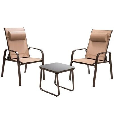 3-teiliges Terrassenmöbel-Set, Couchtisch aus Hartglas und 2 stapelbare Stühle braun