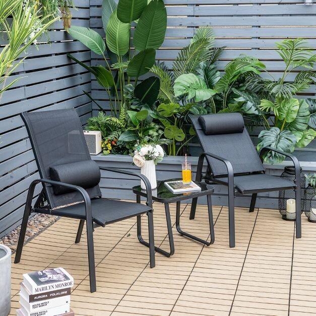 3-teiliges Terrassenmöbel-Set mit Couchtisch aus Hartglas und 2 stapelbaren Stühlen schwarz