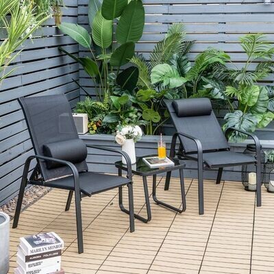 3-teiliges Terrassenmöbel-Set mit Couchtisch aus Hartglas und 2 stapelbaren Stühlen schwarz