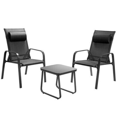 3-teiliges Terrassenmöbel-Set mit Couchtisch aus Hartglas und 2 stapelbaren Stühlen schwarz