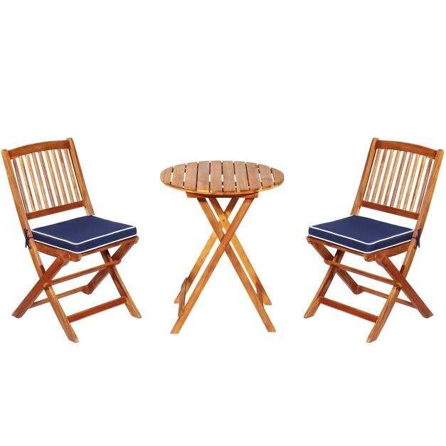 3-TLG. Balkonmöbel-Set mit rundem Tisch &amp; 2 Stühlen mit 2 Kissen Ergonomische Sitzgarnitur Blau