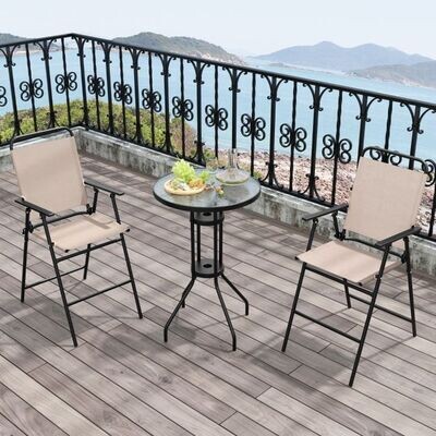 3 tlg. Outdoor-Bistro-Set Terrassen-Bartisch mit 2 Klappbaren Stühlen & Sonnenschirmloch