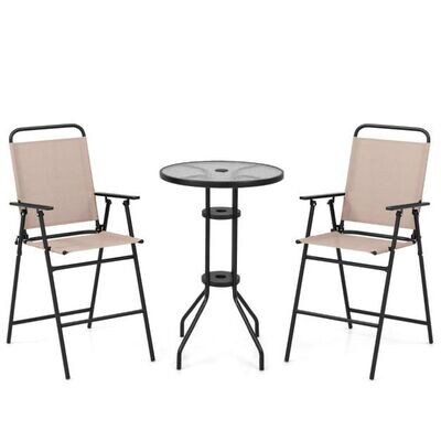 3 tlg. Outdoor-Bistro-Set Terrassen-Bartisch mit 2 Klappbaren Stühlen &amp; Sonnenschirmloch