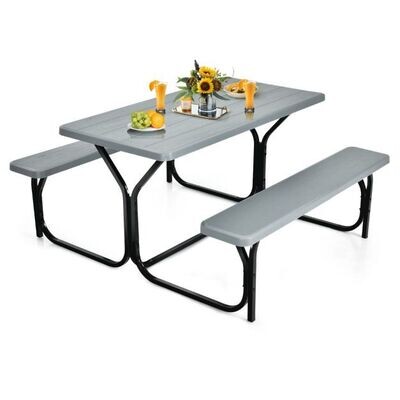 Bierzeltgarnitur Picknicktisch &amp; 2 Sitzbänke mit Metallrahmen grau