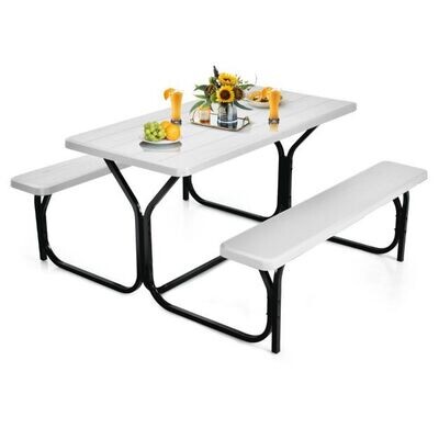 Bierzeltgarnitur Picknicktisch &amp; 2 Sitzbänke mit Metallrahmen weiss