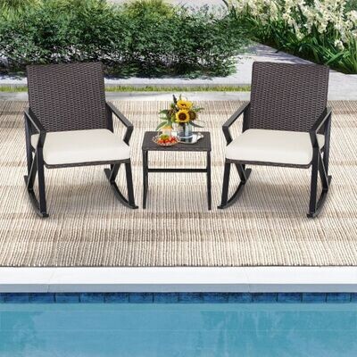 3-Teiliges Rattan-Gartenmöbel-Set mit 2 Schaukelstühlen &amp; Beistelltisch