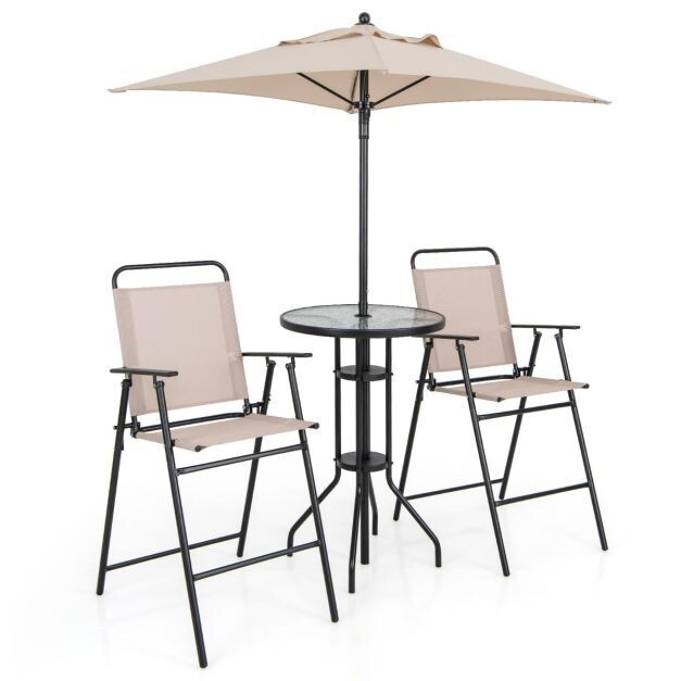 4 tlg. Outdoor Bar-Set Runder Bartisch mit 2 Klappbaren Barhockern &amp; Sonnenschirm Beige