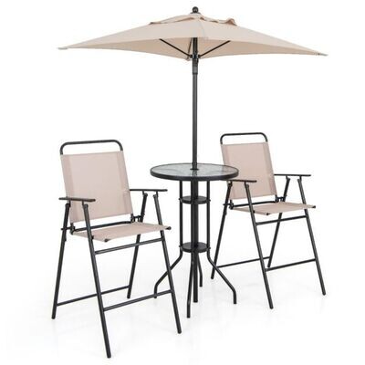 4 tlg. Outdoor Bar-Set Runder Bartisch mit 2 Klappbaren Barhockern &amp; Sonnenschirm Beige