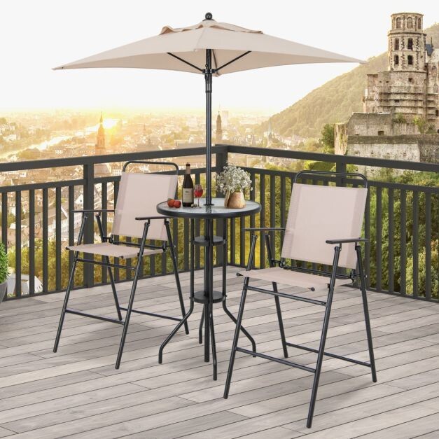 4 tlg. Outdoor Bar-Set Runder Bartisch mit 2 Klappbaren Barhockern & Sonnenschirm Beige