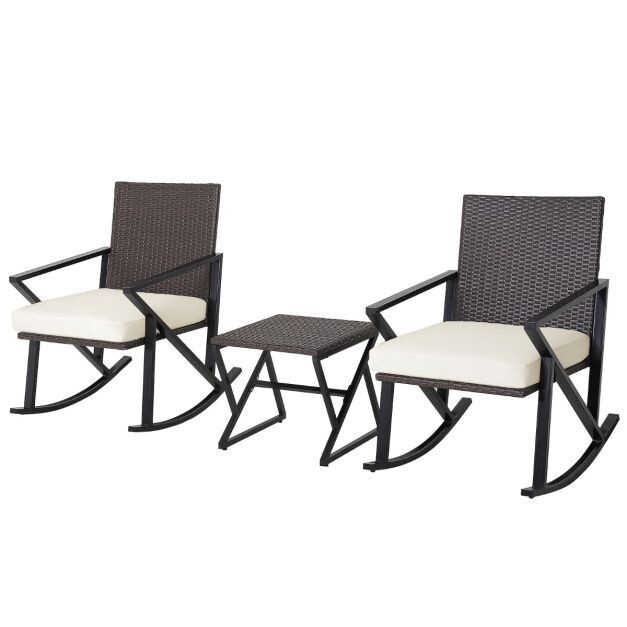 3-Teiliges Rattan-Gartenmöbel-Set mit 2 Schaukelstühlen &amp; Beistelltisch
